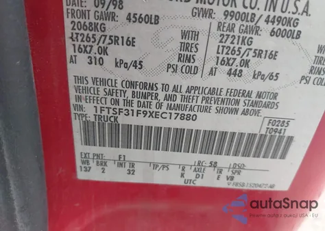 1999 Ford F350 Lariat/Xl/Xlt из США, поврежденный, VIN 1FTSF31F9XEC17880